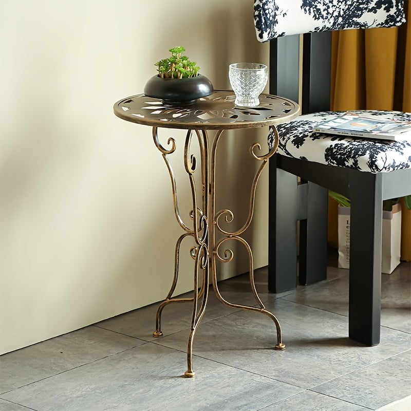 Vintage Metal Table Elegant 1pc Vintage Style Metal End Table | 40cm Diameter, Portable Round Side Table with Ornate Scrollwork Design - Ideal for Living Room,