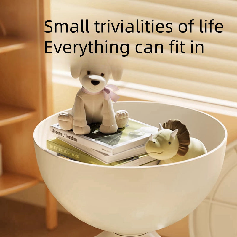 Modern Mini Bedside Table with Unique Base Design, White Plastic Mobile Small Round Table for Bedroom, Compact and Stylish Nightstand with Storage Shelf,