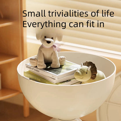 Modern Mini Bedside Table with Unique Base Design, White Plastic Mobile Small Round Table for Bedroom, Compact and Stylish Nightstand with Storage Shelf,