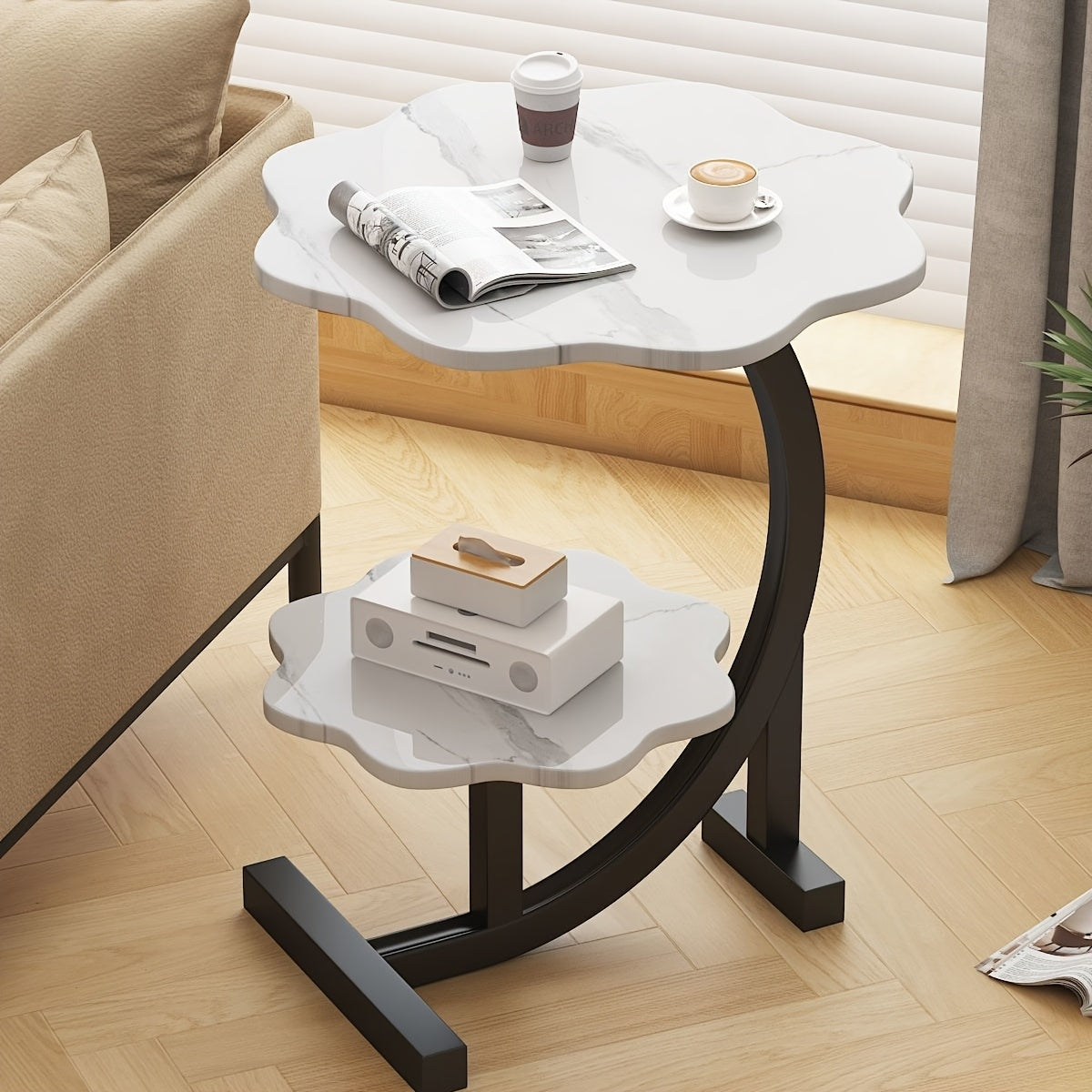 Modern 2-Tier Faux Marble Side Table with Storage Shelf, Small Round End Table for Living Room or Bedroom, Stylish Bedside and Decorative Table,