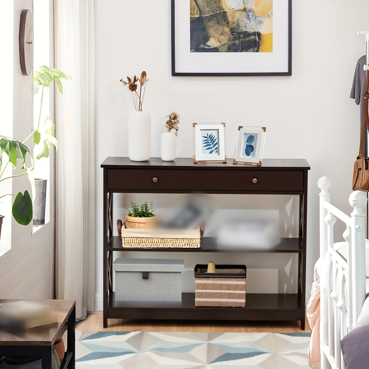 3-Tier Console Table X-Design Sofa Entryway Table with Drawer & Shelves