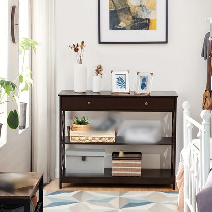 3-Tier Console Table X-Design Sofa Entryway Table with Drawer & Shelves