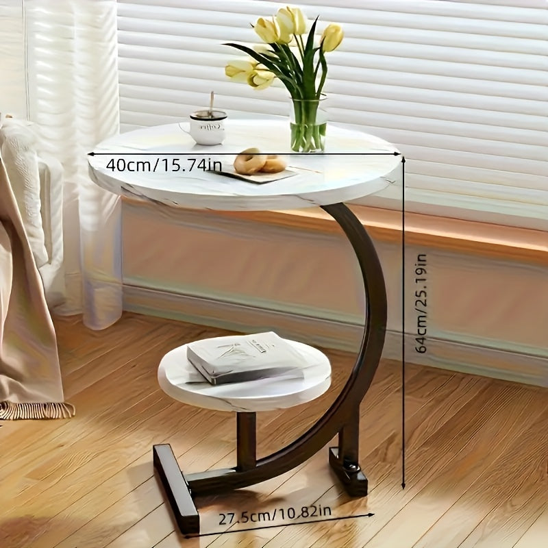 C-Shaped Metal Frame Small Coffee Table with Storage Shelf, Light Luxury Minimalist Nordic Style Side Table by Sofa, Bedside Side Cabinet