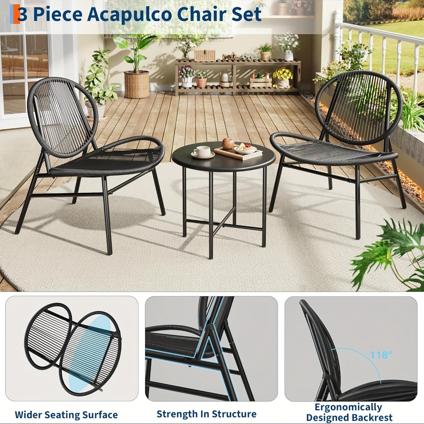 3pcs Outdoor Chair Patio Bistro Set, Acapulco Chairs Set Of 2 with Metal Coffee Table, All Weather Patio Chair Conversation Bistro Set with Steel Frame for Balcony,